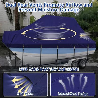 Marine Grade Waterproof Center Console Boat Cover with T Top Roof, Tear Resistant Trailerable Storage Covers, All-Weather Protection T-Top Boat Cover 24-26 ft, Beam Width Up to 106", Navy - color: Navy, size: 24‘-26' Long (Beam Width Up to 112")