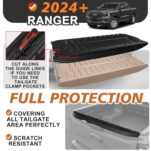 Truck Mat Compatible with 2024-2026 Ford Ranger Accessories, Tailgate Mat Custom Fit All Weather Protection Pickup Liner, w/Tailgate Cap Protector - size: 2) Ranger | 2024+ | Tailgate Mat w/ Cap Cover