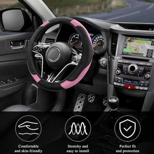 Elastic Stretch Steering Wheel Cover, Warm in Winter and Cool in Summer, Universal 15 inch Microfiber Breathable Ice Silk Anti Slip Car Interior Accessories, Odorless, (Black Pink) - color: Pink