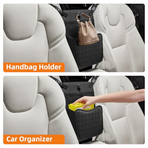 Purse Holder for Car,Car Purse Holder Between Seats,PU Leather Seat Back Organizer,Large Capacity Bag,Car Net Pocket Handbag Holder,Pet Barrier(Black)