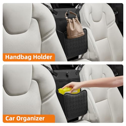 Purse Holder for Car,Car Purse Holder Between Seats,PU Leather Seat Back Organizer,Large Capacity Bag,Car Net Pocket Handbag Holder,Pet Barrier(Black)
