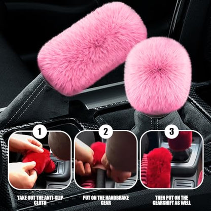 2PCS Plush Car Gear Shift Knob Cover & Handbrake Cover, Shift Knob Protector, Soft Fluffy Gear Handbrake Protective Sleeves, Shifter Lever Brake Handle Warm Plush Set for Cars (Pink)