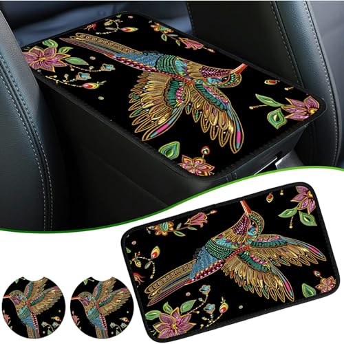 Universal Auto Center Console Pad and 2Pcs Car Coasters Set, Anti Slip Soft Neoprene Car Armrest Seat Box Cover Protector Universal Fit - Car Interior Accessories, Hummingbird Flower - color: 491