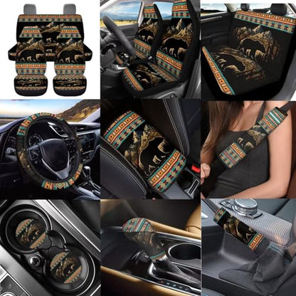 Dreaweet Mountain Bear Aztec Car Seat Covers Full Set 12 Pcs Southwestern Car Accessories Seat Covers with Steering Wheel Cover/Arm Rest Pads/Seat Belt Pads/Coasters/Gear Shift Cover/Handbrake Cover - color: Mountain Bear Aztec
