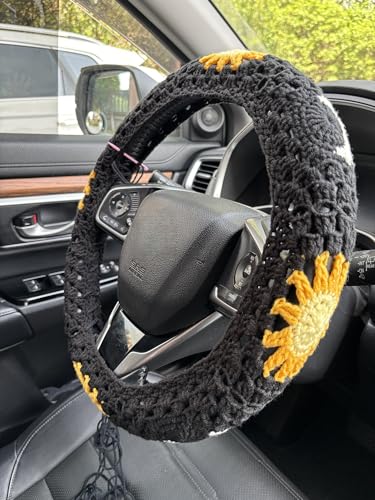 Handmade Crochet Sun Moon Car Steering Wheel Covers Universal 14-15 inch,Cute Steering Wheel Cover,Car Accessories (Black Steering Wheel Cover) - color: Black Steering Wheel Cover