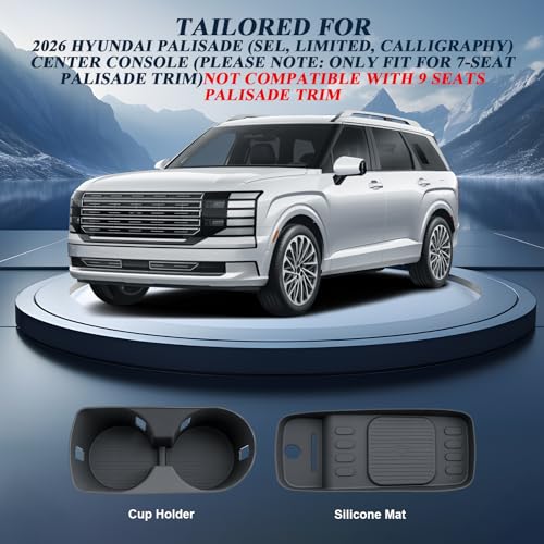 BIBIBO 2Packs for 2026 Hyundai Palisade Center Console Cup Holder 2026 Hyundai Palisade Console Wireless Charging Mats & Console Cup Holder Insert 2026 Palisade Silicone Console Tray 2026 Palisade - color: Black-(Cup Holder+Charging Mats)