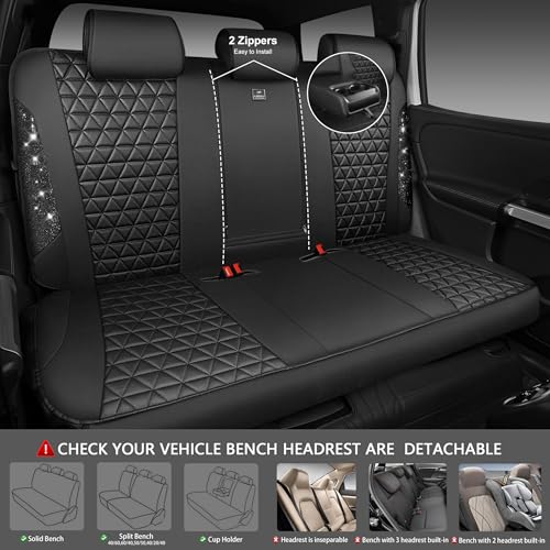 CAR PASS Bling Diamond Black Leather Car Seat Covers Full Sets Interior Sets, Waterproof Shining Glitter Sparkly Crystal Universal Armrest Fit Automotive Truck SUV Cute Women Girl, Black PU Rhinestone - color: Black Rhinestone, size: Full Set