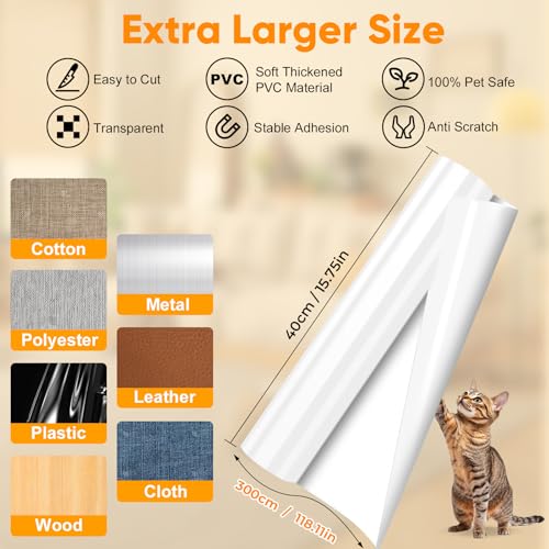 Cat Scratch Furniture Protector - 118.11"*15.75" Couch Protector from Claws - Deterrent for Furniture - Anti-Scratch Sofa Clear Protectors for Pet - Single Side Cat Tape for Door Wall
