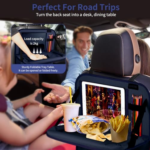 Car Backseat Organizer with Tablet Holder-2 Pcs,6 Storage Pockets Car Storage Organizer with Foldable Food Tray,Protectors Kick Mats Travel Accessories-Dark Blue - color: Admiral Blue, size: 2 Pack with Food Tray