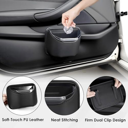 Small Car Trash Can for Side Door Back Seat Leather Leakproof Removable Liner Clip On Automotive Garbage Bin Compact Auto Trashcan Multipurpose Storage Organizer Container 0.22 Gal