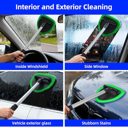 desin Windshield Cleaning Tool, Car Window Cleaner Windshield Cleaner with 4 Reusable and Washable Microfiber Pads and Extendable Handle Auto Inside Glass Wiper Kit (Green) - color: Green