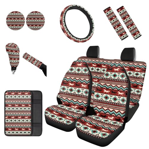 Dreaweet Navajo Seat Covers for Cars Full Set Native Tribal Horse Car Accessories Seat Covers with Steering Wheel Cover/Armrest Cover/Seatbelt Covers/Cup Holders/Gear Shift Cover/Handbrake Cover,12Pcs - color: Native American Horse