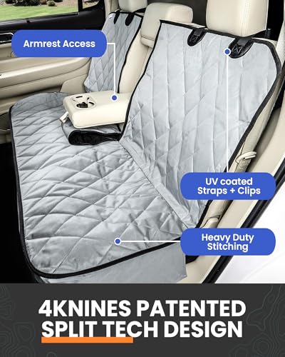 4Knines Dog Seat Cover for Back Seat, Heavy Duty Waterproof Rear Seat Protector for Small Trucks, SUVs, Cars - Fits 60/40 Split Bench with Middle Seat Belt, Non-Slip Dog Backseat Cover (Regular, Grey)