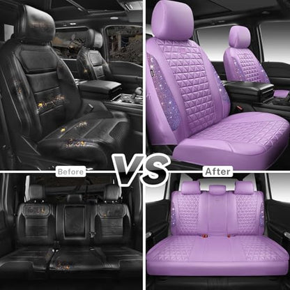 CAR PASS Light Purple Bling Diamond Leather Car Seat Covers Full Sets, Waterproof Shining Glitter Sparkly Crystal Universal Armrest Fit for Automotive Truck SUV Cute Women Girl,Lavender Rhinestone - color: Purple Rhinestone Lavender, size: Full Set