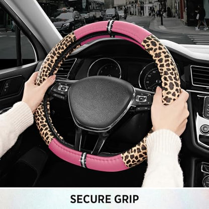 Road Comforts Leopard Steering Wheel Cover for Women, Cute Anti-Slip Microfiber Leather, Fits D Shape Flat Bottom Steering Wheel 14.5-15 Inch - Pink - color: D Shape-Pink
