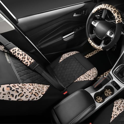 CAR PASS Leopard Print Faux Leather Car Seat Covers & Leopard Car Mats&Leopard Steering Wheel Cover Seat Belt Pad Universal Car Accessories for SUV,Van,Saden,Truck Automobile Interior Sets - color: Leopard combo