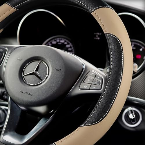 Leather Car Steering Wheel Cover, Non-Slip Car Wheel Cover Protector Breathable Microfiber Leather 15.5"-16" Large Size for Most Cars,Beige-2 - color: Beige Large Size [15.5"-16"]