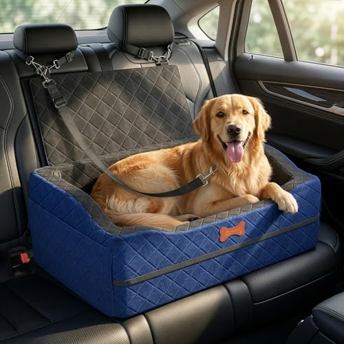 Dog Car Seat for Medium Large Dogs, 4" Elevated Dog Booster Seat with ISOFIX Safety Fixation, Washable Cover & High Density Memory Foam, Portable for Car Front/Rear/Trunk Home Outdoor Use (Navy Blue) - color: Navy Blue, size: Large