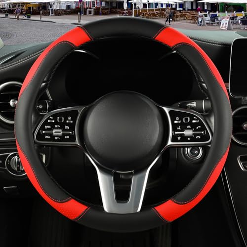Microfiber Leather Steering Wheel Cover, Breathable, Anti Slip, 13.5 inch to 14 inch, Black with Red - color: Black Red, size: Round-Small[13.5''-14'']