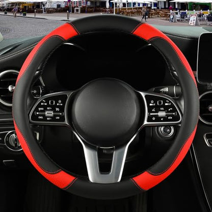 Microfiber Leather Steering Wheel Cover, Breathable, Anti Slip, 13.5 inch to 14 inch, Black with Red - color: Black Red, size: Round-Small[13.5''-14'']