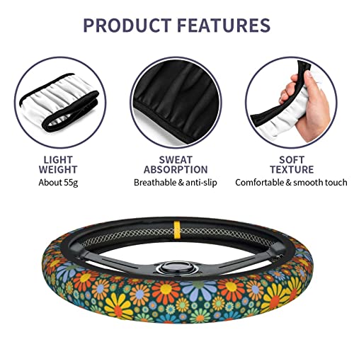 Hippie Daisy Flower Steering Wheel Cover for Women Men with 2 Pcs Car Coasters, Universal 14.5-15 Inch Rainbow Steering Wheel Covers Non-Slip Car Accessories for Girls - color: Daisy