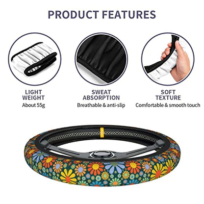 Hippie Daisy Flower Steering Wheel Cover for Women Men with 2 Pcs Car Coasters, Universal 14.5-15 Inch Rainbow Steering Wheel Covers Non-Slip Car Accessories for Girls - color: Daisy