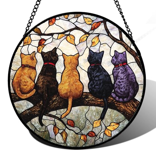 DASTOLL Stained Glass Window Hanging - 5 Cats on a Branch Suncatcher for Window Doors Home Decoration and Christmas, Mother's Day Father's Day Birthday Gifts for Women, Men, and Mom 14.9x14.9 in - color: Black, size: 14.9x14.9 IN