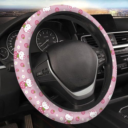 Kitty Accessories Car, Strawberry Pink Cat Wheel Cover, Y2K Car Accessories, Girly Steering Wheel Cover, Universal Fit 14.5-15 inch Auto SUV Vans Trucks, Anti-Slip and Sweat Absorption - color: Pink