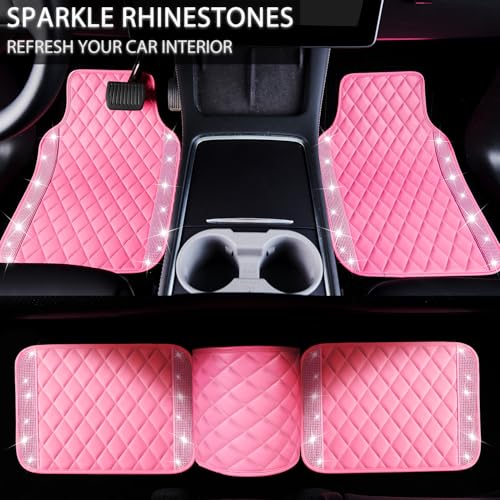 NBTEPEM Pink Bling Leather Car Floor Mats Full Set, Sparkly Diamond Car Mats Universal Fit Most Automotive, Glitter Rhinestone Carpet Waterproof Anti-Slip, 5 pcs Set (Pink Leather Diamond) - color: Pink Leather Diamond