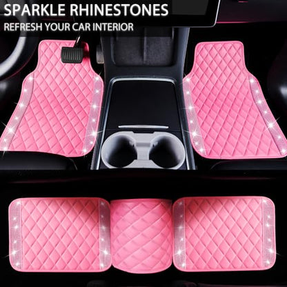 NBTEPEM Pink Bling Leather Car Floor Mats Full Set, Sparkly Diamond Car Mats Universal Fit Most Automotive, Glitter Rhinestone Carpet Waterproof Anti-Slip, 5 pcs Set (Pink Leather Diamond) - color: Pink Leather Diamond