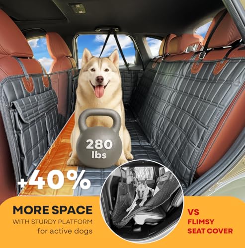 APetsPlanet Backseat Extender for Dogs, Dog Seat Cover Hard Bottom for Car Backseat & Truck Travel Bed, Platform Hammock Mat Converts Rear Seat Into Backseat Bed, Black Leather with Door Covers - style: Black Leather - With Door Covers