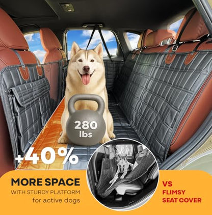 APetsPlanet Backseat Extender for Dogs, Dog Seat Cover Hard Bottom for Car Backseat & Truck Travel Bed, Platform Hammock Mat Converts Rear Seat Into Backseat Bed, Black Leather with Door Covers - style: Black Leather - With Door Covers