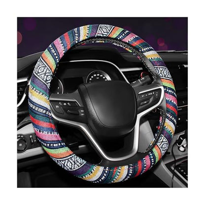 Boho Steering Wheel Cover, 15 Inch Coarse Flax Cloth Ethnic Style Anti-Slip Car Wheel Wrap, Universal Breathable Bohemian Steering Wheel Protector for Cars Vans Trucks (B) - color: B