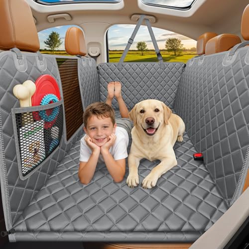 URPOWER Backseat Extender for Dogs - Hard Bottom Dog Car Seat Cover for Back Seat, Dog Hammock for Car and SUV, Pet Rear Seat Protector Dogs Travel Bed with Mesh Window & Side Flaps - color: Grey, size: Medium - for Most Sedans & SUVs