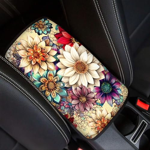 Boho Floral Print Car Center Console Cover for Women,Non-Slip Comfortable Car Armrest Cover Pad,Car Interor Accessories Decor - color: Boho Floral