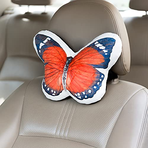 JWH 3D Butterfly Pillow Print Neck Cushion for Car Travel Plane Airplane Trip Headrest Long Flights Essentials Cute Head Rest Sleeping Napping Cushion with Elastic 8 x 12 Inch Orange