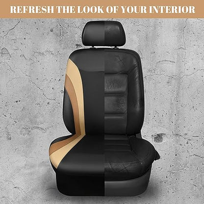 CAR PASS Line Rider Leather Car Seat Covers Sporty Car Seat Covers Full Set,5mm Composite Sponge,Airbag Compatible,Universal Fit 95% Automotive SUV Sedan(Black Beige) - color: Black Beige