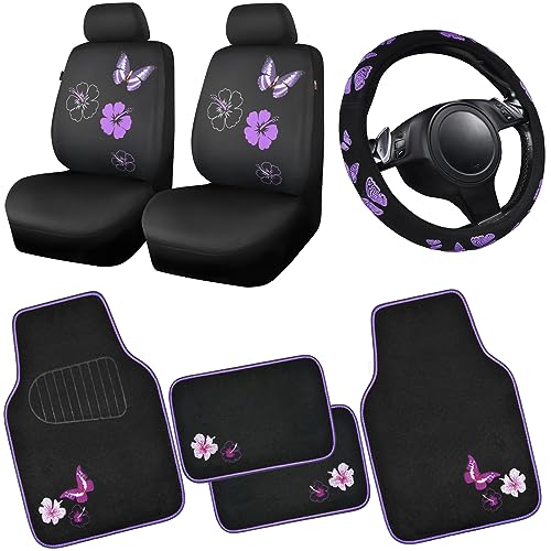 CAR PASS Universal Butterfly Car Seat Covers Front Set, Embroidered Flower Waterproof Car Floor Mats Carpet, Butterflies Steering Wheel Cover for Car Accessories Interior Sets (Black and Purple) - color: Black with Purple