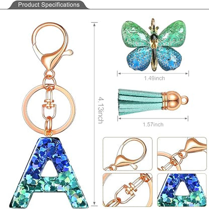 JINGUAZI Initial letter Keychains for Women Tassel Butterfly Pink Purple Cute Car Keychain for Wallet Backpack bag charm - color: A-blue Green