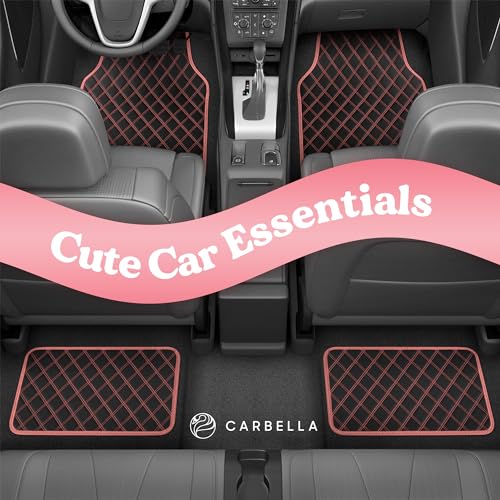 Carbella DiamondLuxe Faux Leather Floor Mats, Universally Sized, Diamond Stitched, All Weather, Easy to Clean, 4pc Set Car Accessories for Car, Truck, Van, and SUV, Easy to Install Car Mats (Pink)