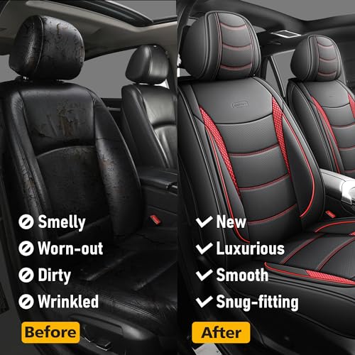 Car Seat Covers Full Set (5 Seats) Premium Nappa Leather Airbag Compatible & Pet Friendly for Sedans SUVs Trucks Heavy Duty Interior Protector for Off Road and Daily Commute Black Red