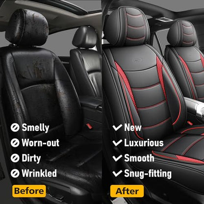 Car Seat Covers Full Set (5 Seats) Premium Nappa Leather Airbag Compatible & Pet Friendly for Sedans SUVs Trucks Heavy Duty Interior Protector for Off Road and Daily Commute Black Red