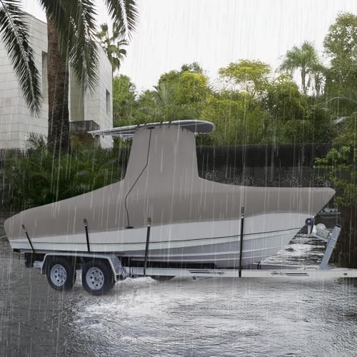 Marine Grade Waterproof Center Console Boat Cover with T Top Roof, Tear Resistant Trailerable Storage Covers, All-Weather Protection T-Top Boat Cover 20-22 ft, Beam Width Up to 106", Gray - color: Gray, size: 20'-22'Long (Beam width up to 106'')