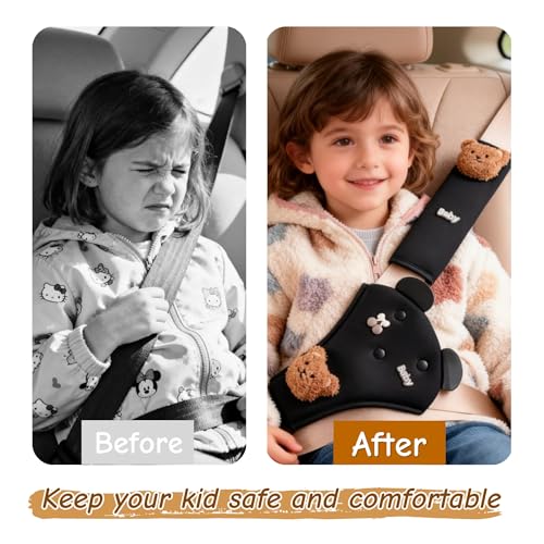 Cute Bear Seat Belt Cover Pads for Kids – Soft Mesh Seatbelt Cushion, Shoulder & Belly Protector, 2-Piece Set - color: Bear(black)