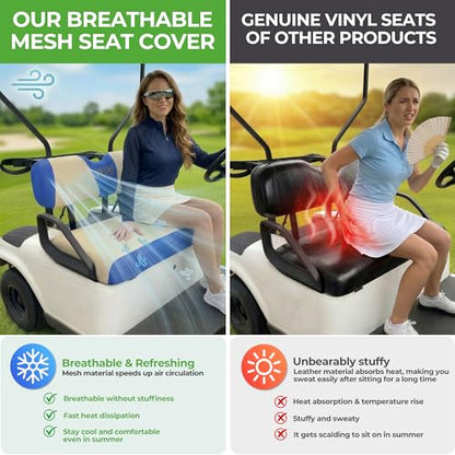 10L0L Golf Cart Seat Covers, Super Comfort Cooler Than Vinyl Seat Cover, Front and Rear Seat Cover for Yamaha EZGO Club Car, No Drilling Breathable Mesh Bench Seat Blanket, Machine Washable - color: Beige + Blue, style: Front Seat - For EZGO TXT & RXV & C