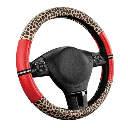 Road Comforts Leopard Steering Wheel Cover for Women, Cute Anti-Slip Microfiber Leather, Universal Fit 14.5-15 Inch Round Steering Wheel - Red - color: Round Red