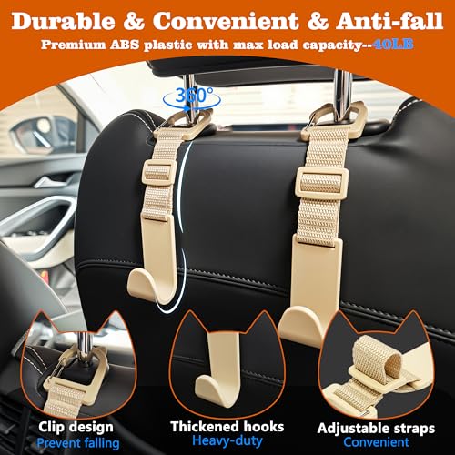 Amooca Car Headrest Hooks 4 Pack Adjustable Universal Fit Auto Seat Back Organizer Storage Hanger Purse Bags Holder with Clip Beige - color: Beige