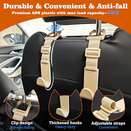 Amooca Car Headrest Hooks 4 Pack Adjustable Universal Fit Auto Seat Back Organizer Storage Hanger Purse Bags Holder with Clip Beige - color: Beige