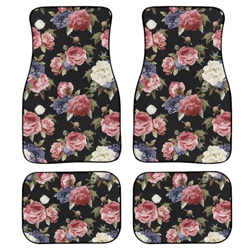Dark Vintage Floral Car Floor Mats Set of 4,Watercolor Flower Roses and Peonies Floor mats for Cars Universal Front Rear Vehicle Foot Rugs Cute Blossoms Car Accessories for Trucks SUV Sedans - color: Pink White