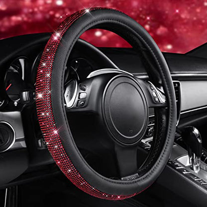 CAR PASS Red Diamond Black Leather Steering Wheel Cover, with Bling Crystal Rhinestones Universal Fit 14" 1/2-15" Crystal Glitter for Women Sparkle Girl Fit Suvs,Vans,Sedans,Cars,Trucks, Red Diamond - color: Red Diamond